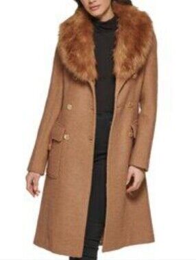 GUESS Women's Tan Fur-Trim Coat